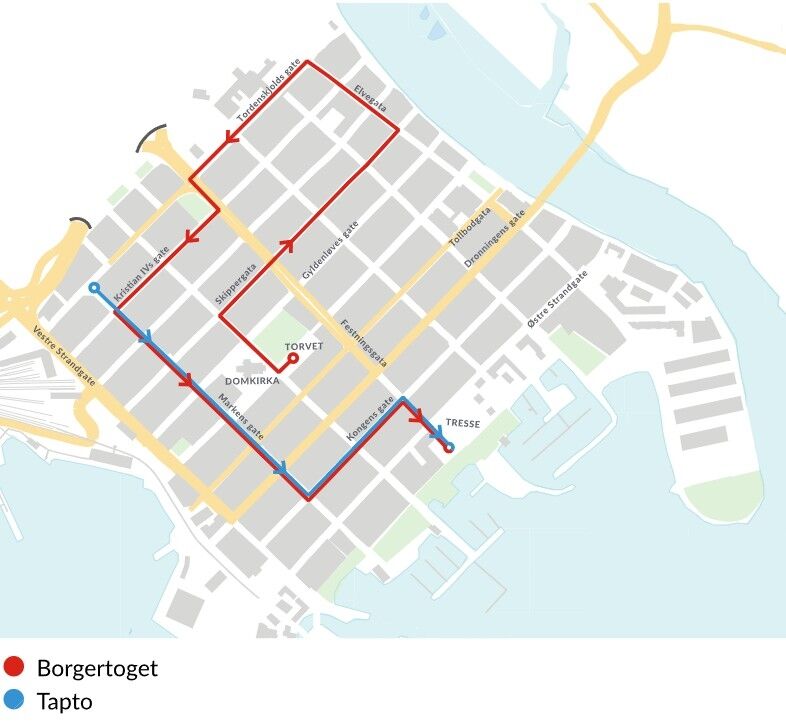 Marsjruter for borgertoget og tapto 2025.
 Foto: Kristiansand kommune
