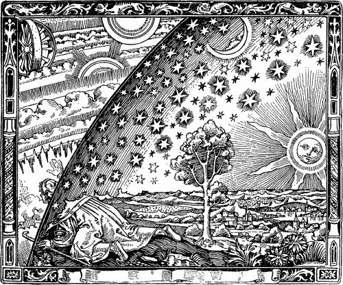 "The Flammarion engraving", et bilde gravert i tre av en ukjent kunstner. En person stikker hodet ut av stjernehimmelen som for lenge siden ble oppfattet som en fast kuppel. Kilde: https://en.wikipedia.org/wiki/Flammarion_engraving