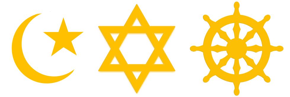 Måne og stjerne som representerer islam, Davidstjerna som representerer jødedommen, og dharma-hjulet som representerer buddhismen. Foto: Needpix.com / Ron Henning Sundvor