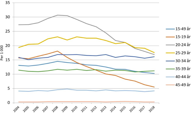 STATISTIKK: Utførte svangerskapsavbrudd siden 2004 til 2018. Foto: Skjermbilde tatt fra fhi.no.