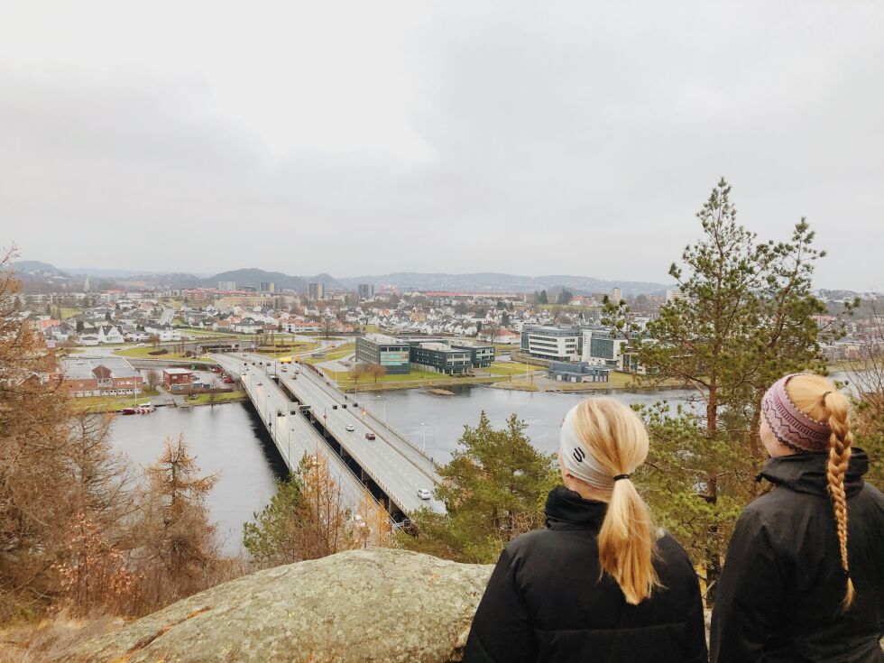 I Baneheia har du fin utsikt over Oddernesbrua og Lund. Foto: Irene Kjetland