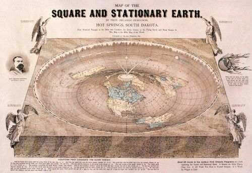 Kart tegnet av Orlando Ferguson i 1893. Kartet inneholder flere bibelske referanser, samt flere slag mot "klode-teorien". Kilde: https://en.wikipedia.org/wiki/Flat_Earth