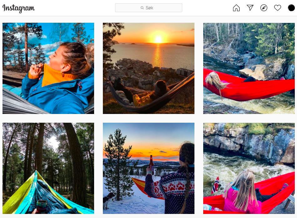 Nesten 40 000 har brukt emneknaggen #hengekøye på Instagram. Her er et skjermbilde av toppinnleggene. Foto: Irene Kjetland