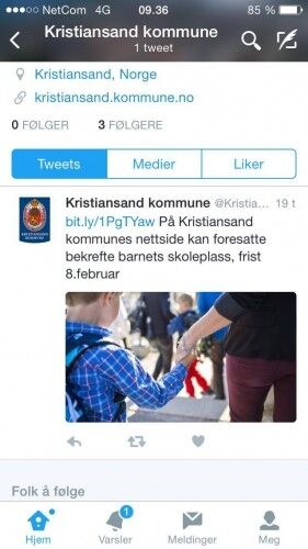 FØRSTE TWEET: Skjermdump av Kristiansand kommunes første tweet.