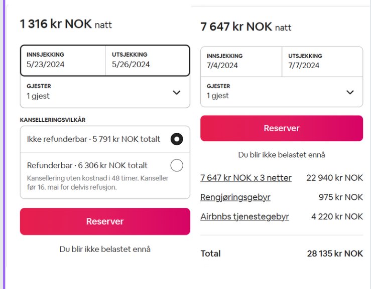 Et eksempel fra airbnb om hvor mye prisene kan gå opp under Palmesus
 Foto: Kamilla Haugen