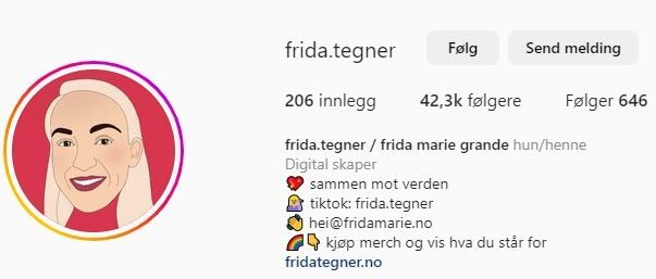 Profilen til Frida Tegner på Instagram. Skjermdump fra appen.