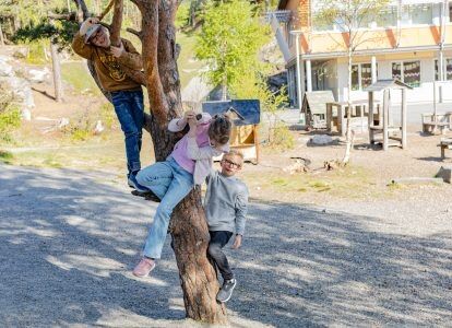 Maja, Tobias og August viser hvor høyt de kan klatre i treet på skolegården, før de forteller om forventningene deres til 17. mai. Foto: Lilli Storrønningen.
