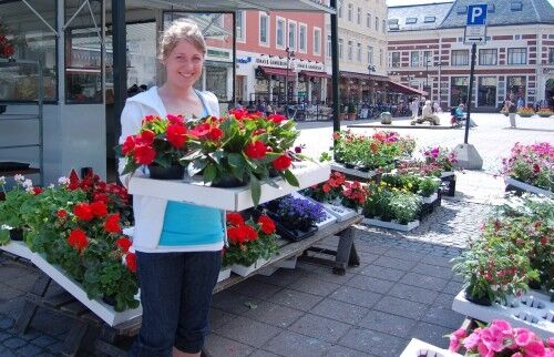 BLOMSTERPIKE: Renate Myran jobber med blomster på torvet i Kristiansand FOTO: Kjetil Vataker Johansen