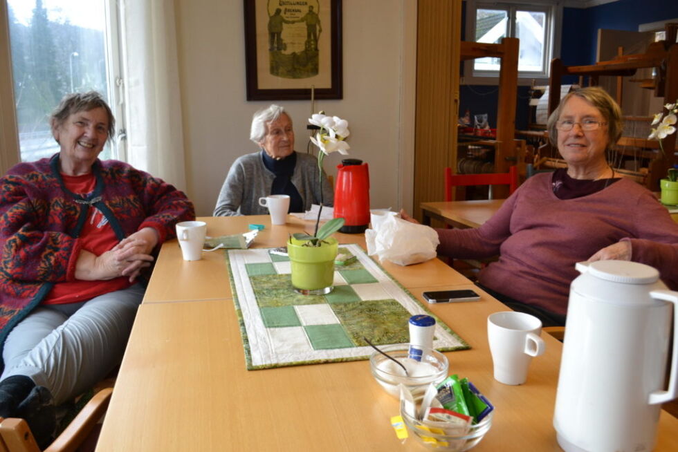 Vevegruppen har lunsj. Fra venstre Åse Ellingsen, Edna Syvertsen og Marit Drange. Foto: Kamilla Aabel.
