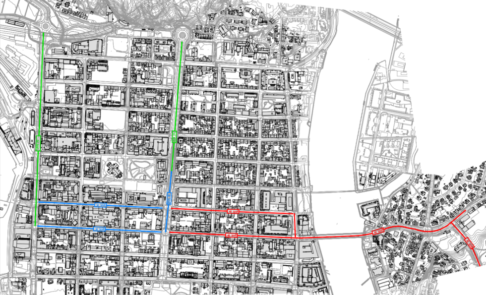 Forslag til fartsgrenser: rød = 30 km/t, blå = 40 km/t, grønn = 50 km/t
 Foto: Kristiansand kommune
