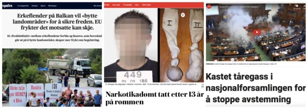 KOSOVO I NORSKE MEDIER: Slik fremstilles noen av sakene vi har funnet. FOTO: Faksimile fra Aftenposten, Verdens Gang og Dagbladet
